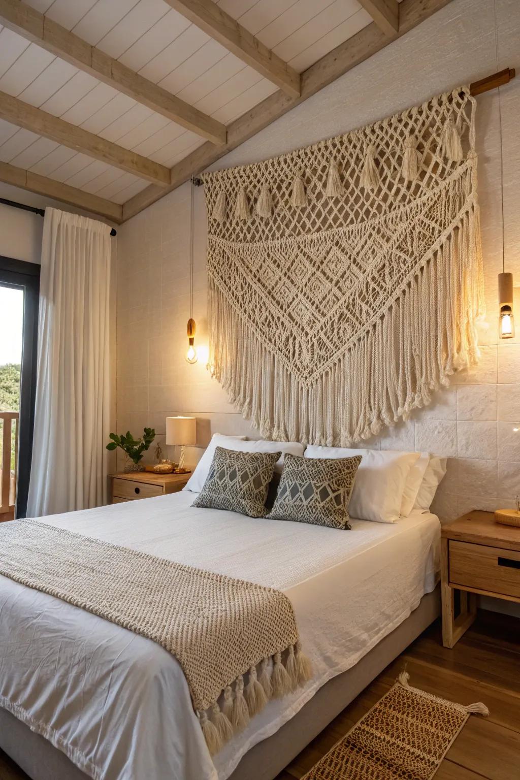 A woven piece introduces a touch of boho chic to the bedroom.