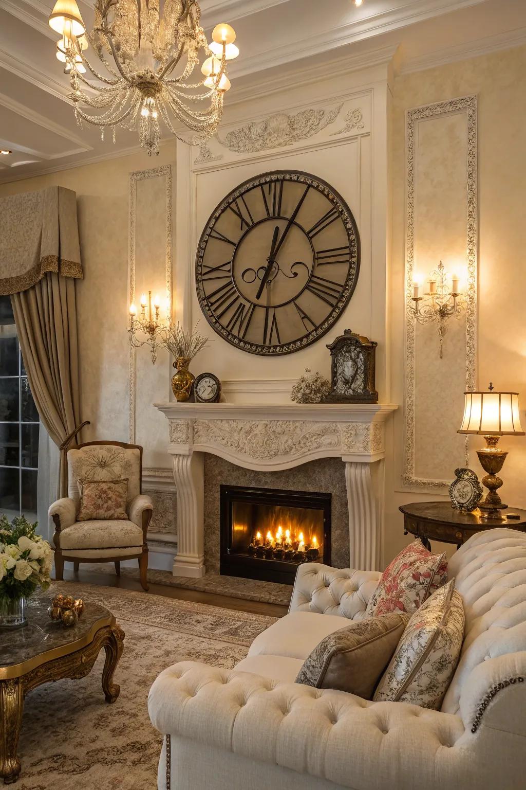 A grand wall clock combines artistic expression with functionality above the fireplace.