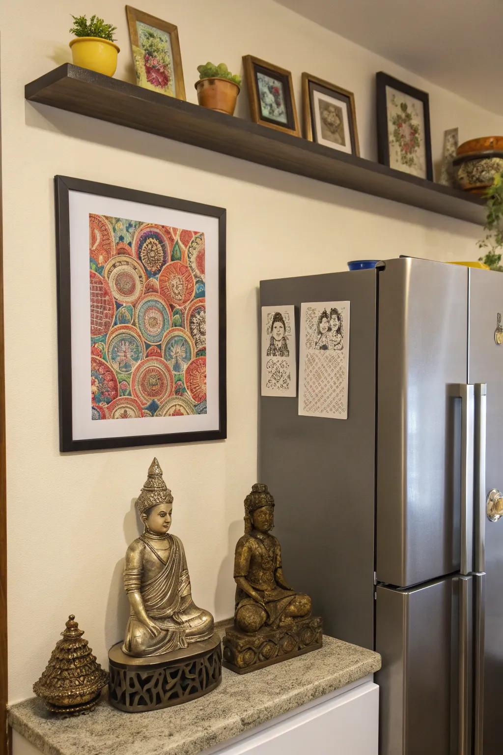 Elegant decorations positioned atop the refrigerator infuse a personal element.
