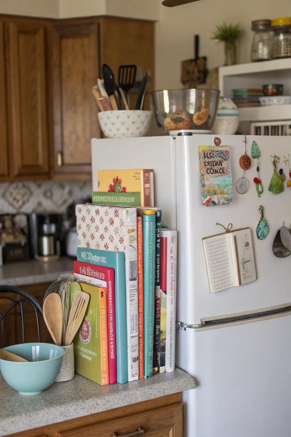 Mix style with being useful by displaying cookbooks and utensils.