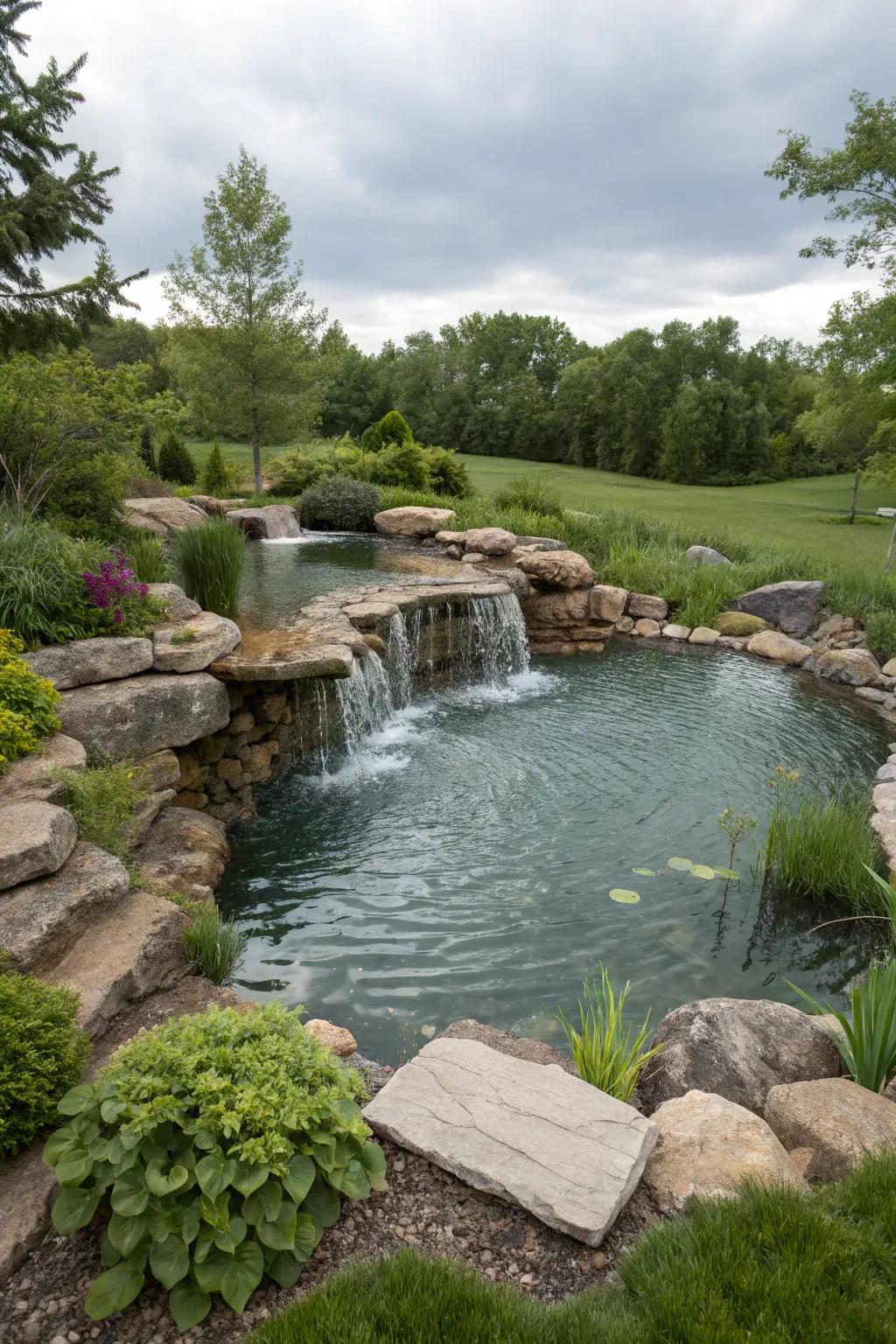 An engrossing tiered waterfall adds dimension to this above-ground pond.