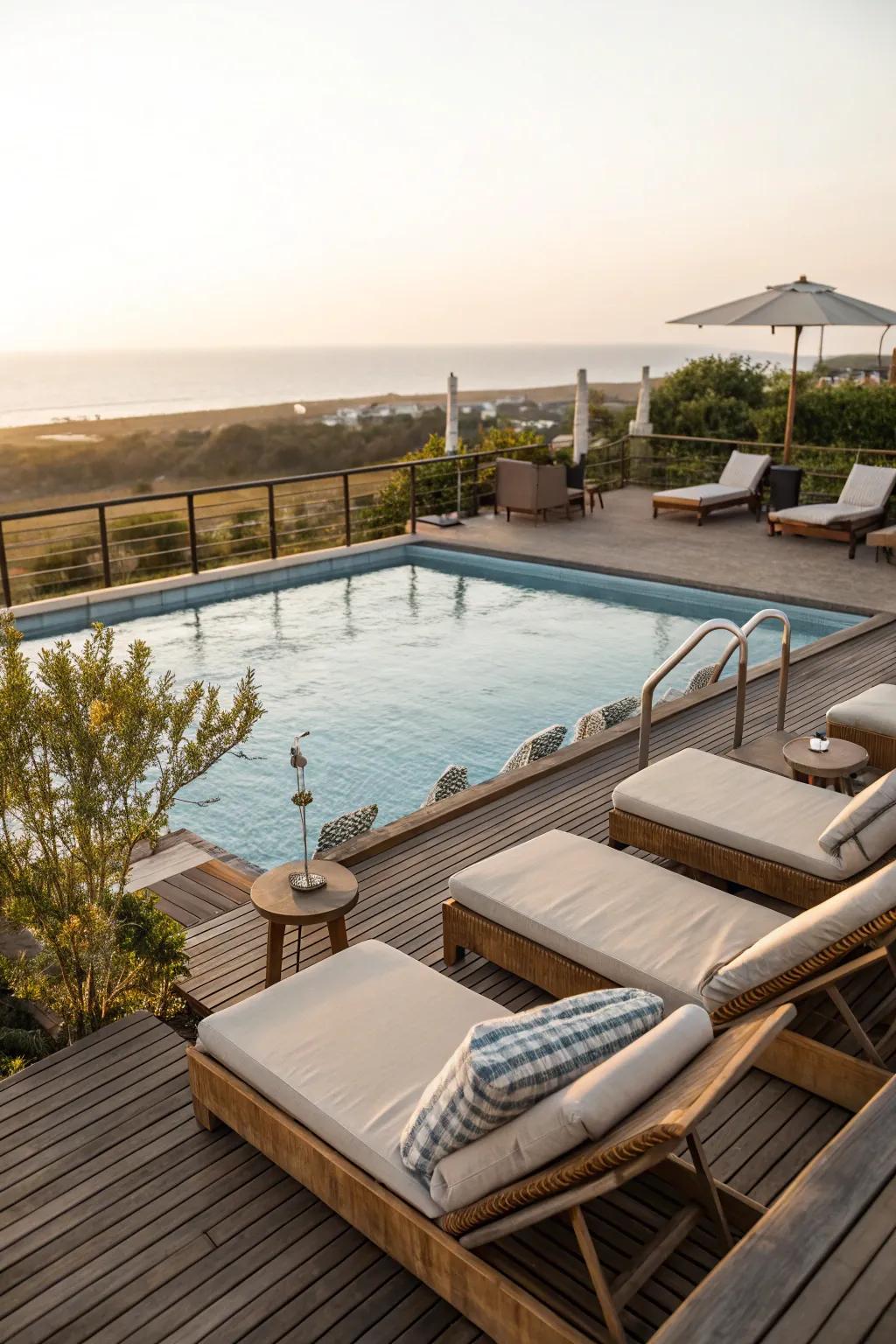 Comfortable seating beckons relaxation close to the pool.