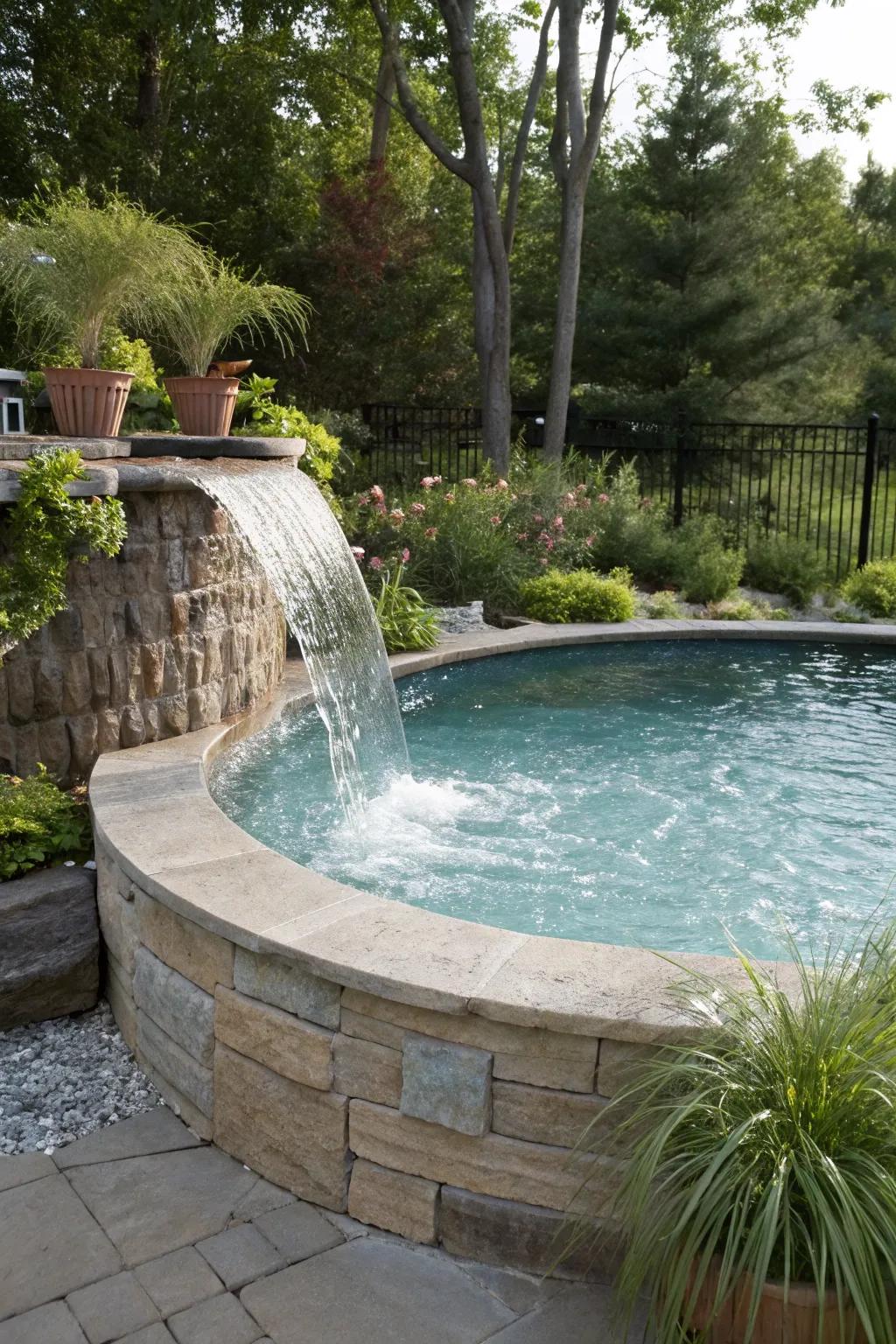 A water cascade imparts a lavish sensation to your above-ground pool.
