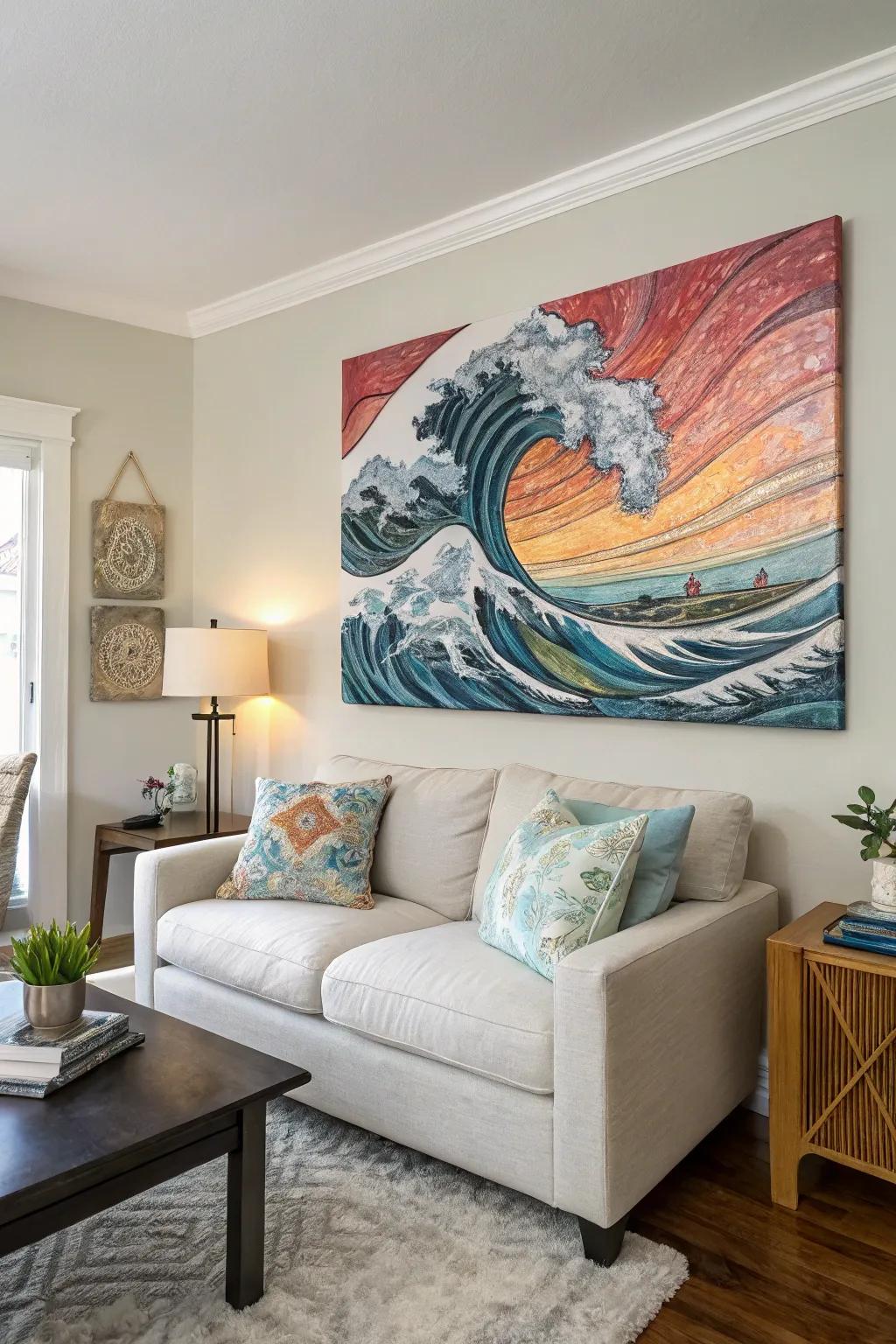 Wave patterns create movement and tranquility in this living space.