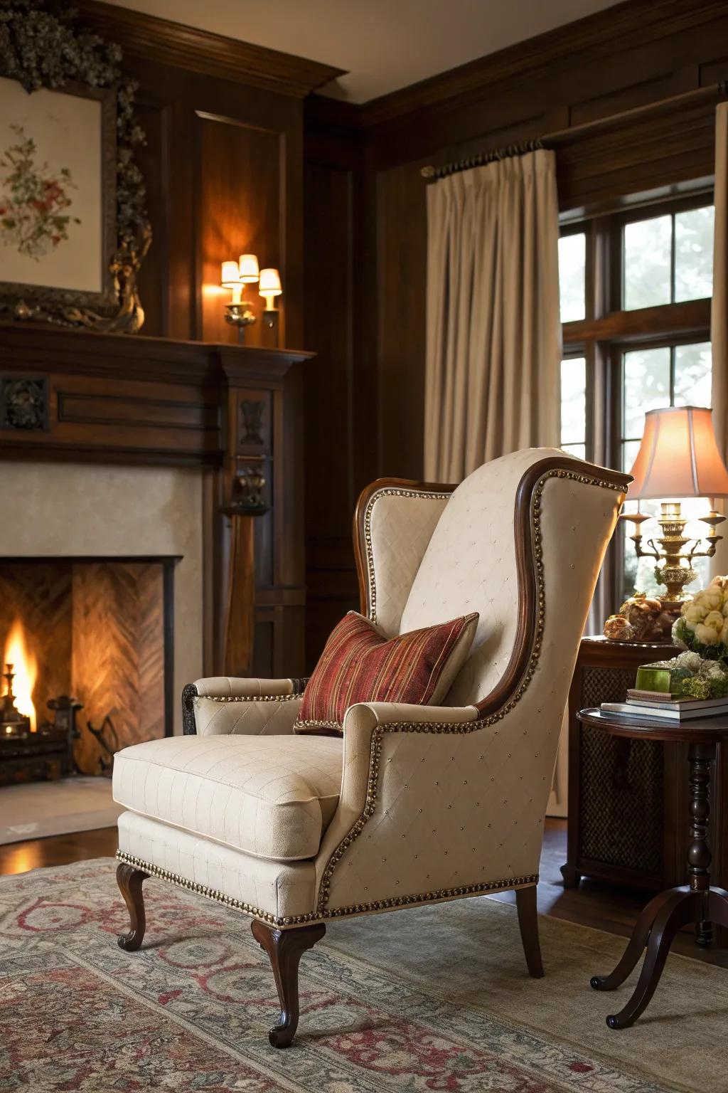 A wingback chair near a fireplace exudes traditional elegance.