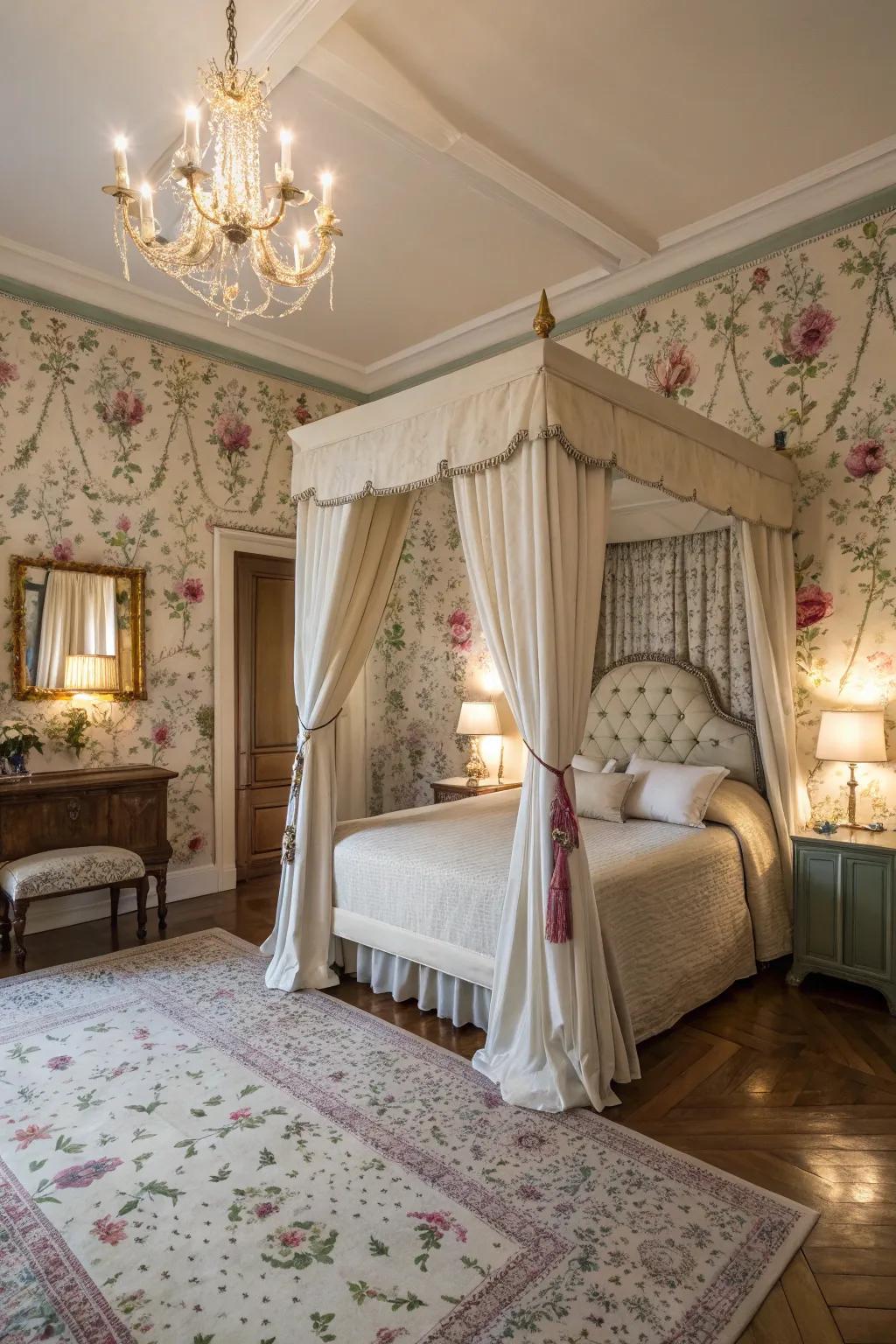 Botanical wallpaper on the accent wall lends beauty and elegance to this bedroom.