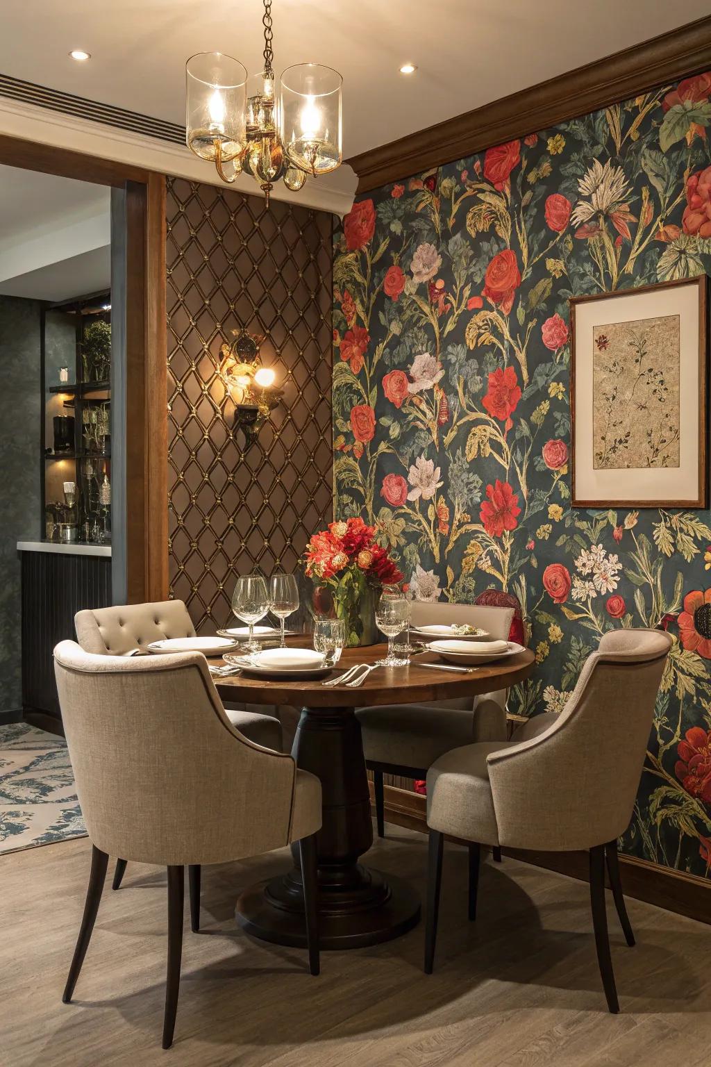 Bold floral wallpaper transforms the dining room into a vibrant, lively space.