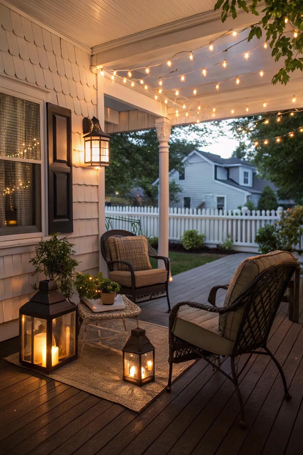 A comforting and welcoming porch featuring enchanting illumination.