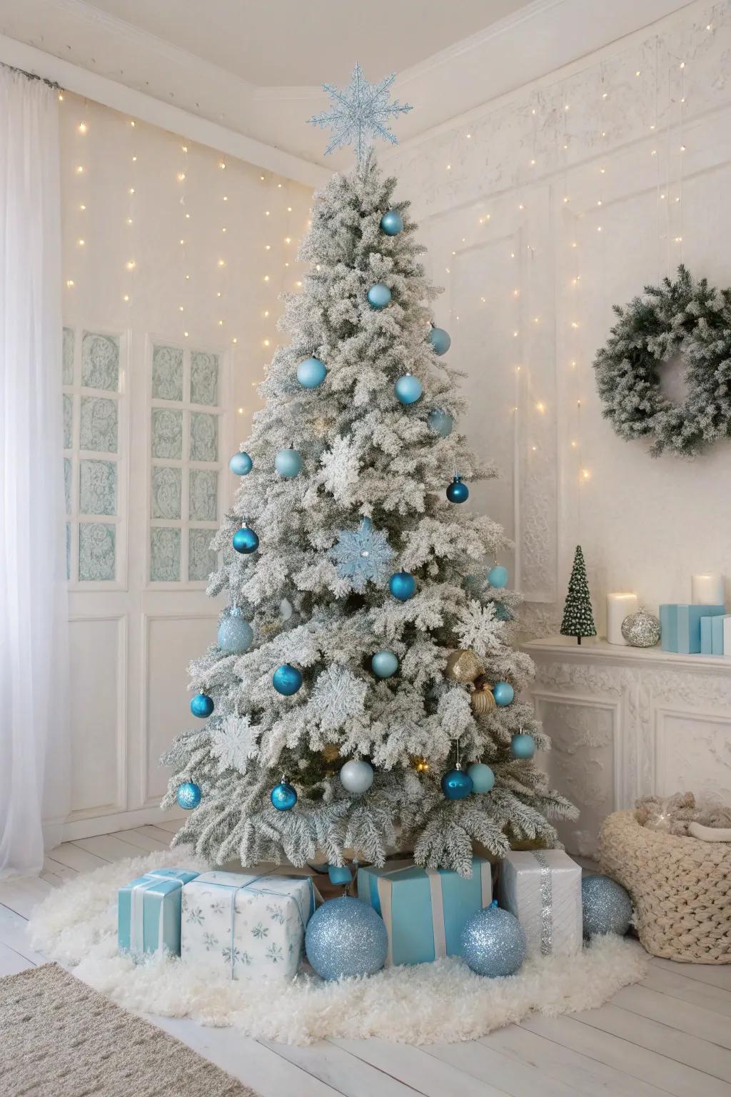 A frosty winter wonderland Christmas tree with a lovely snow-covered look.