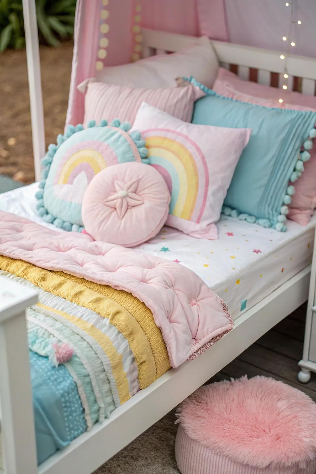 Silken fabrics composing an inviting and comforting bed arrangement.