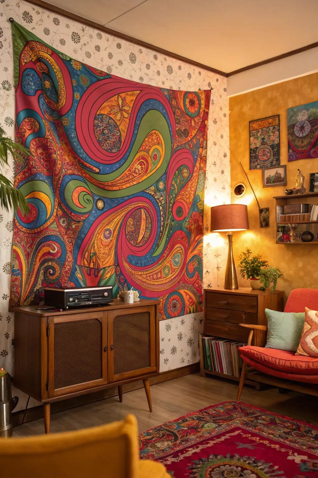 Psychedelic tapestries are perfect for vibrant retro vibes.