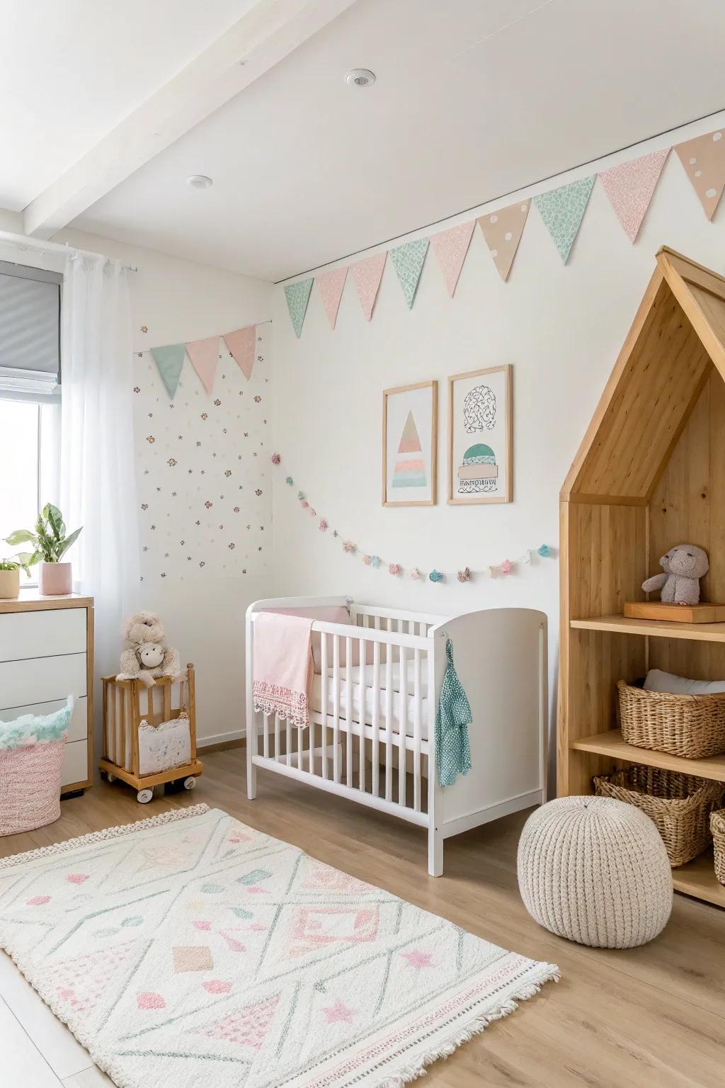 Subtle features introduce a delicate contrast in a white nursery.