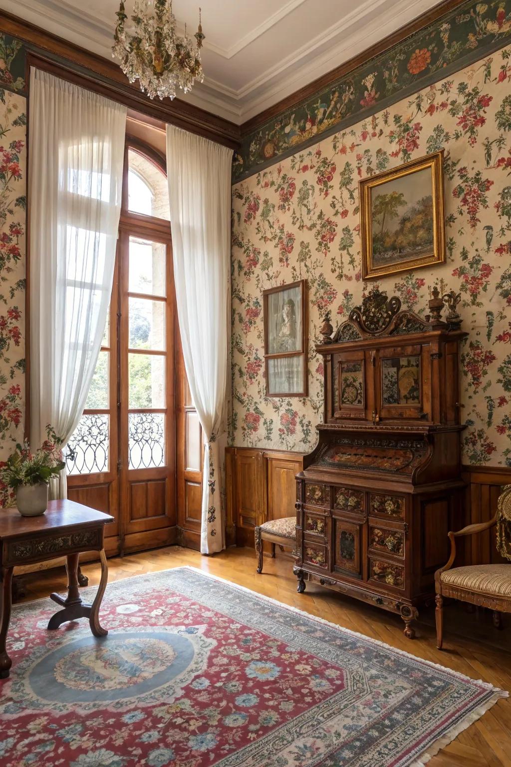 Floral wall coverings infuse a colonial space with elegance and heritage.