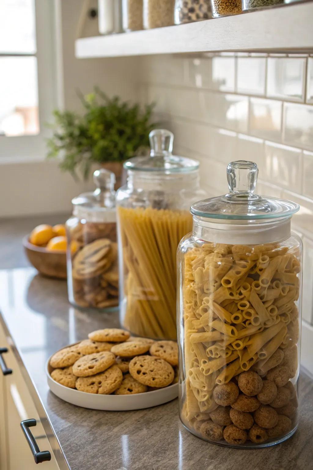 Vintage-inspired glass jars add a delightful touch to kitchen storage.