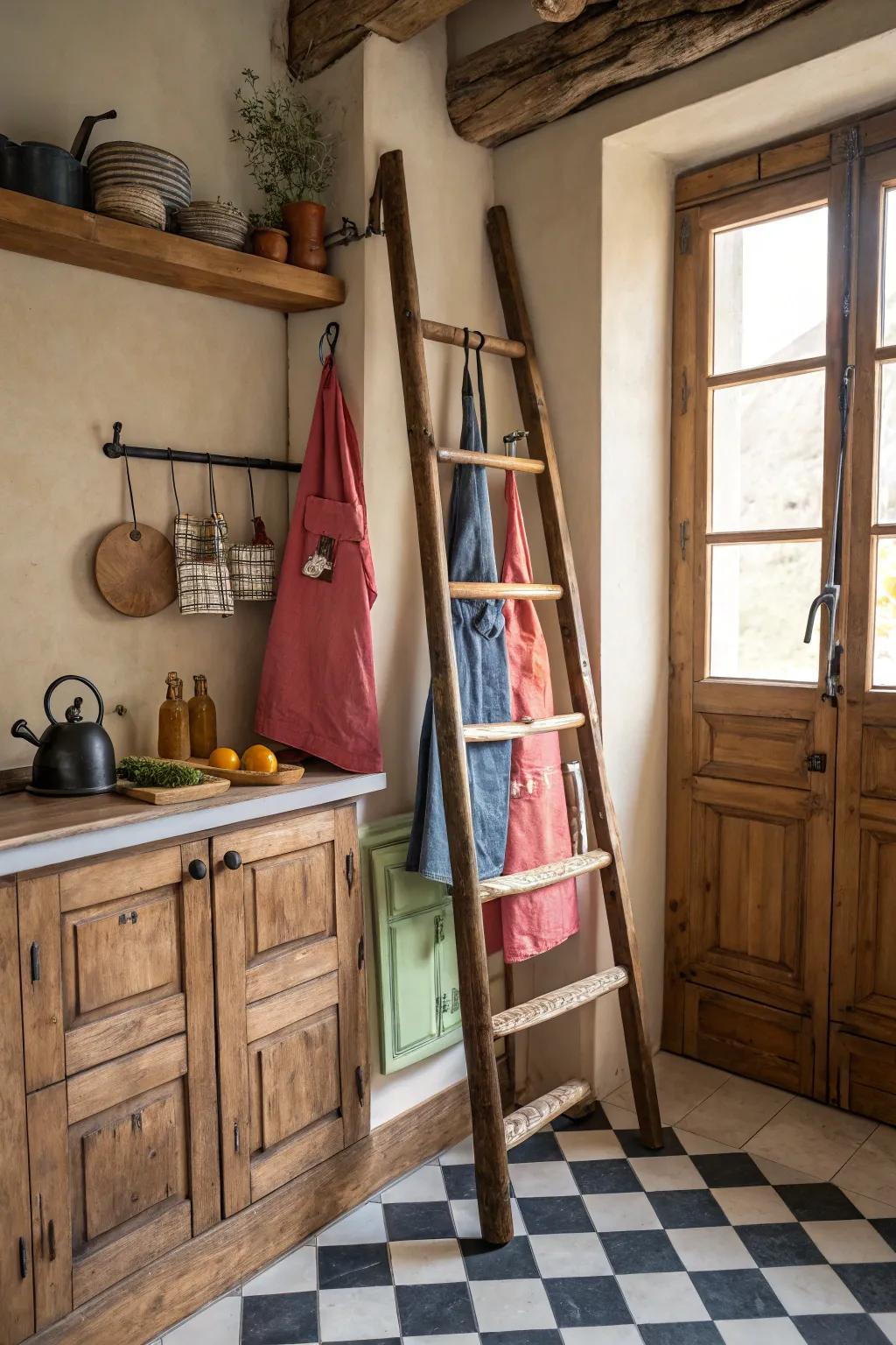 An aged ladder appends countryside appeal to your apron presentation.