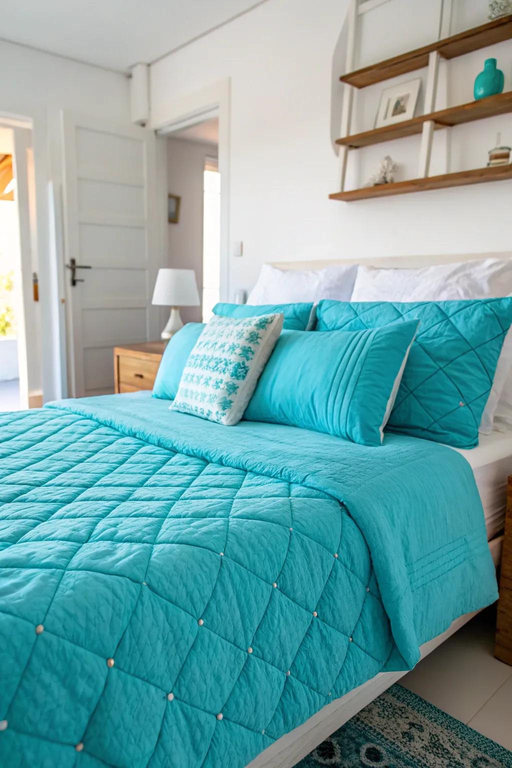 Aqua textiles infuse texture and depth into the bedroom.
