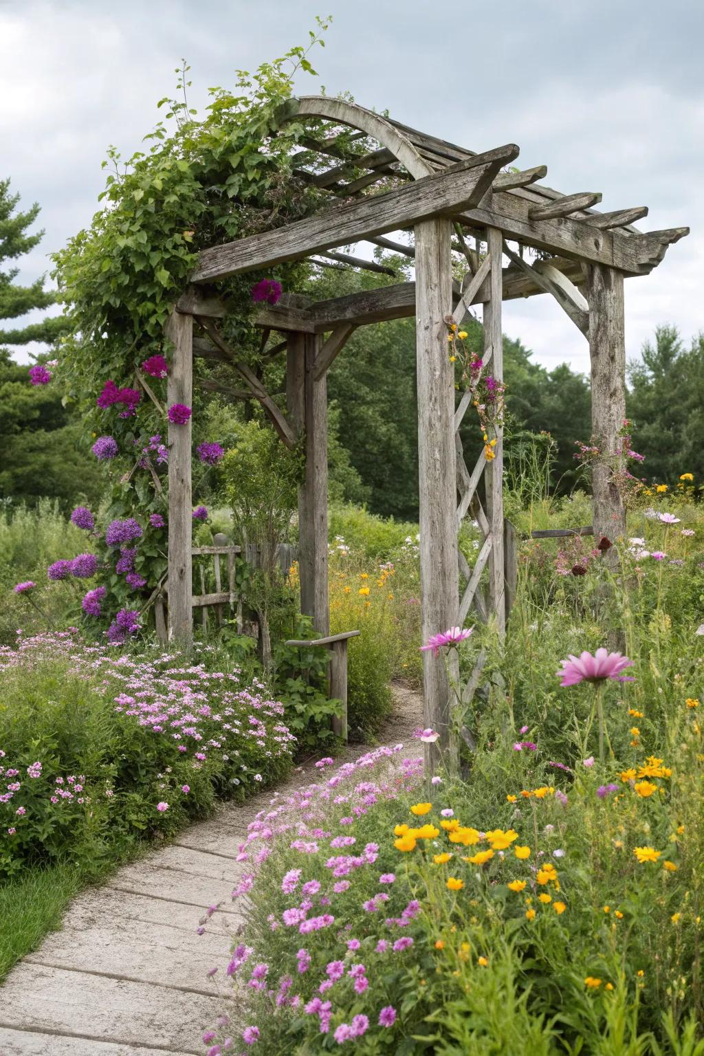 A weather-beaten timber arch amidst a field of wildflowers.