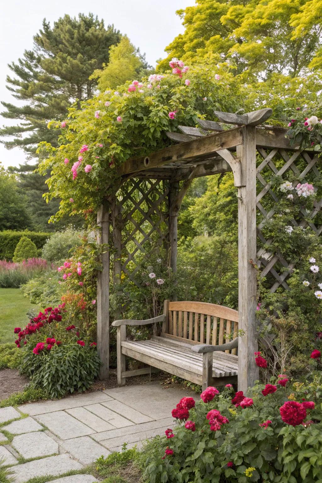 A trellis arbor with seating offers a tranquil garden hideaway.