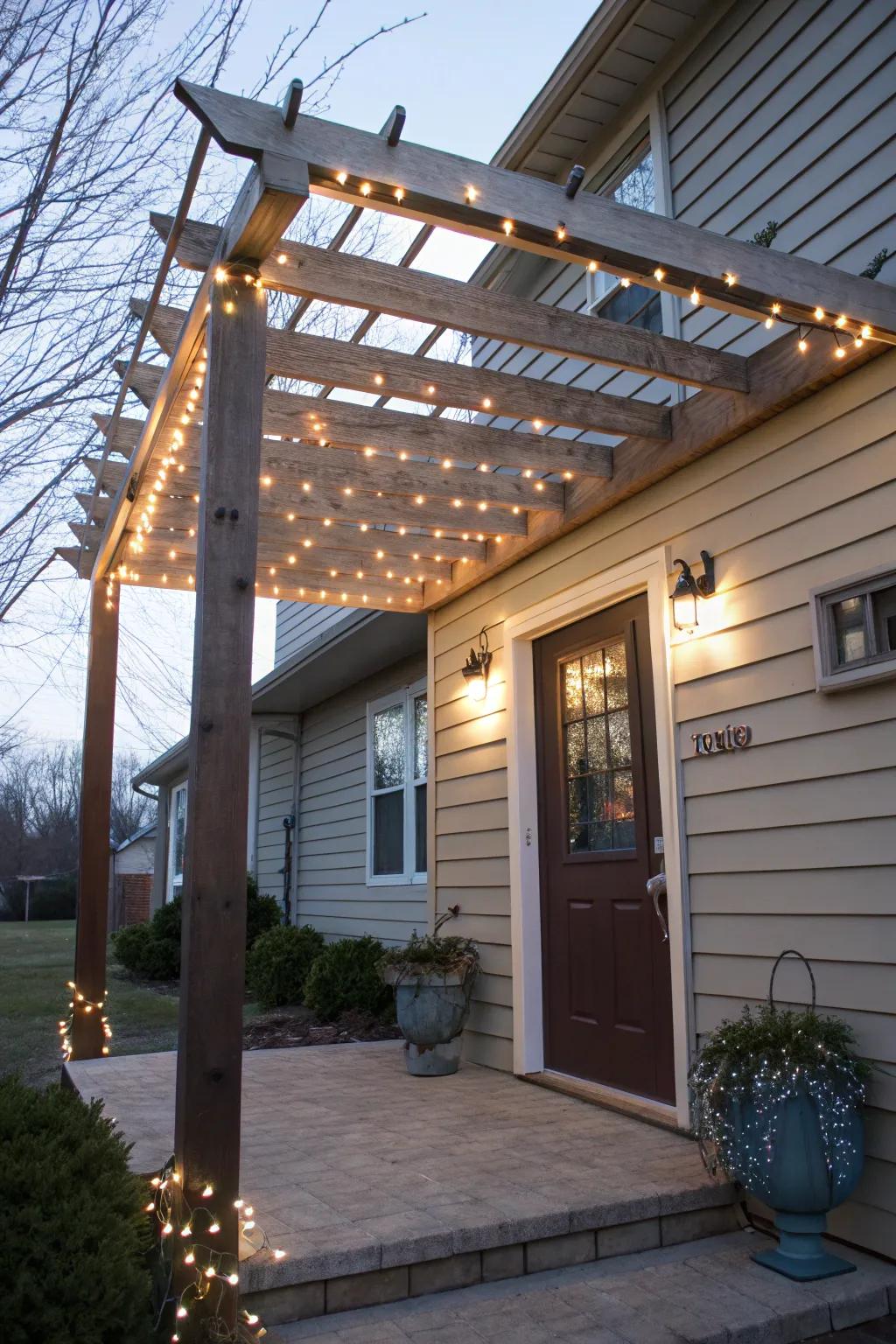 An arbor-style structure featuring beams and tiny glowing lights creates an elegant doorway.