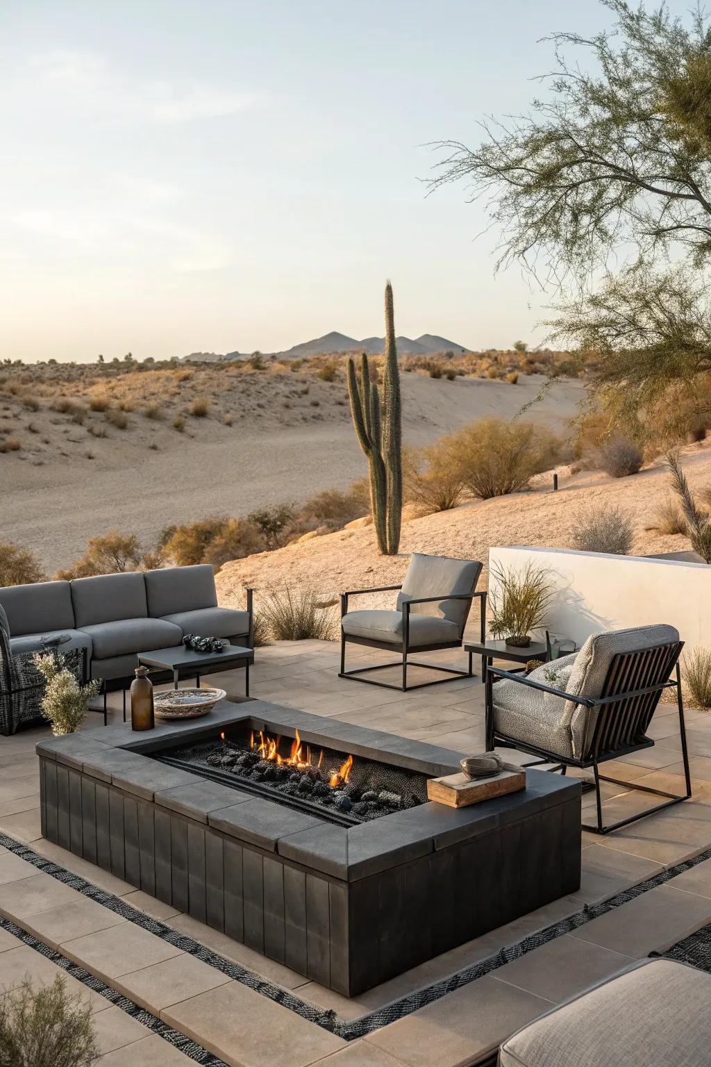 An outdoor fireplace contributing heat and atmosphere to the garden.