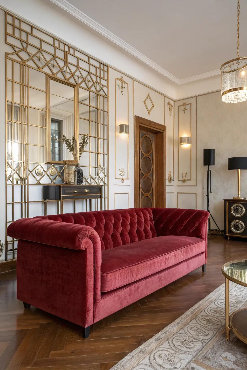 Velvet upholstery infuses a dimension of both opulence and relaxation.