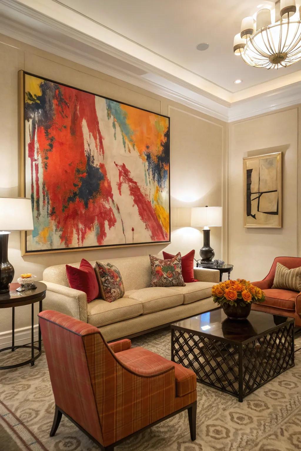 An abstract painting injects a splash of color and imagination into this trendy living room.