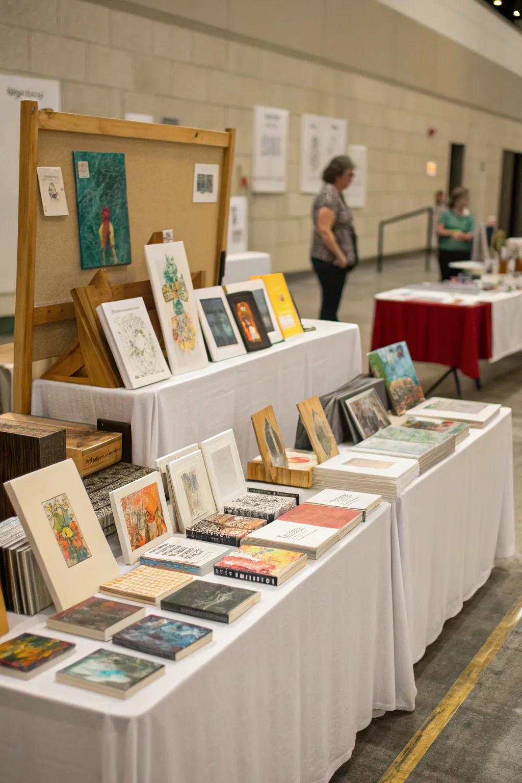 Platforms and tables adding visual interest to the art exhibit.