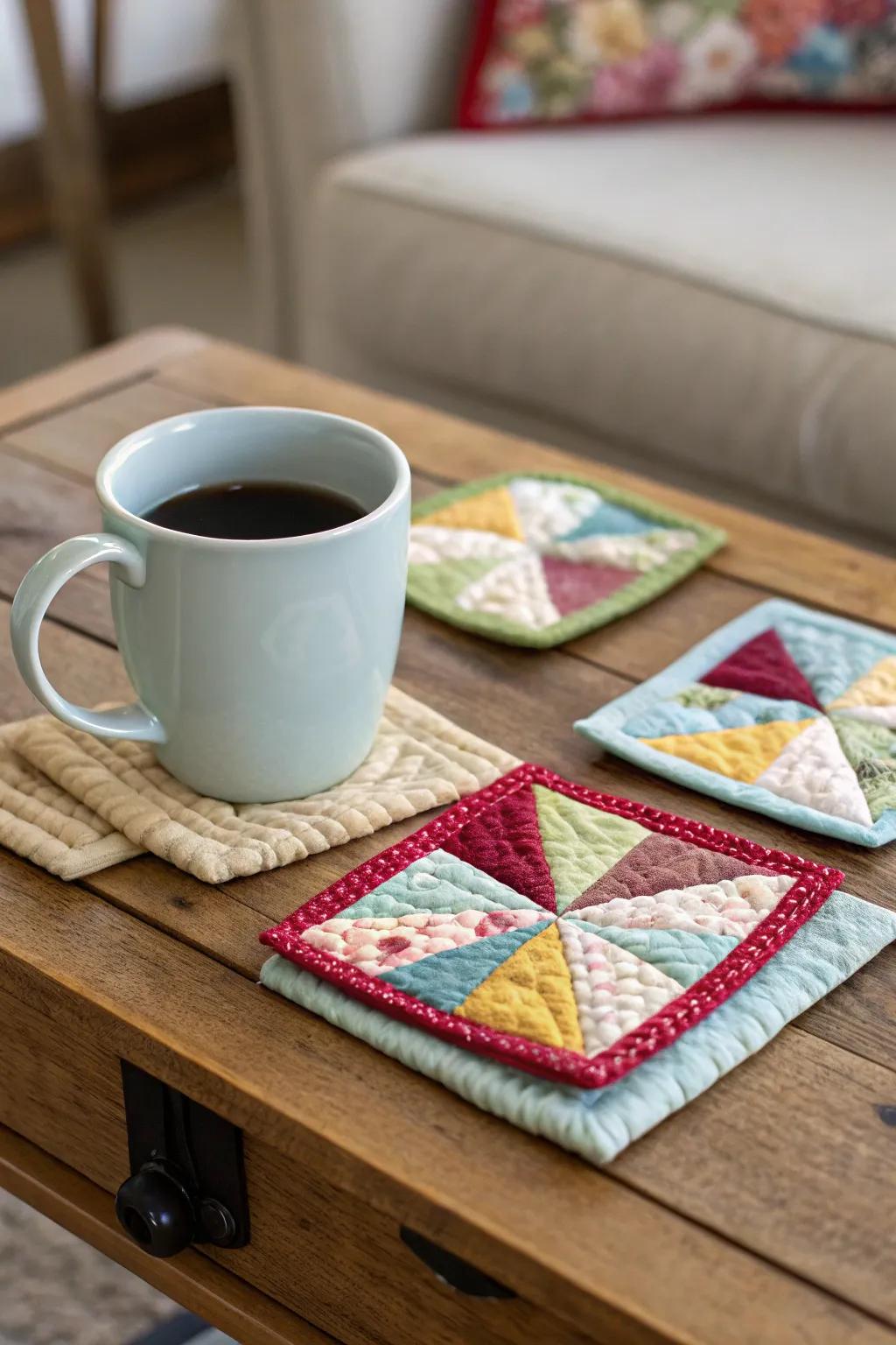 Handmade stitched coasters in earthy shades, adding a cozy ambiance to any setting.