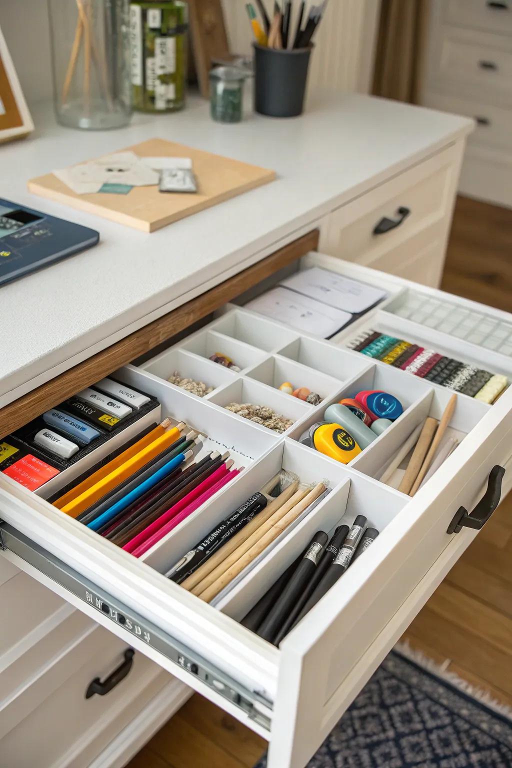 Drawer dividers ensure small art items stay organized.