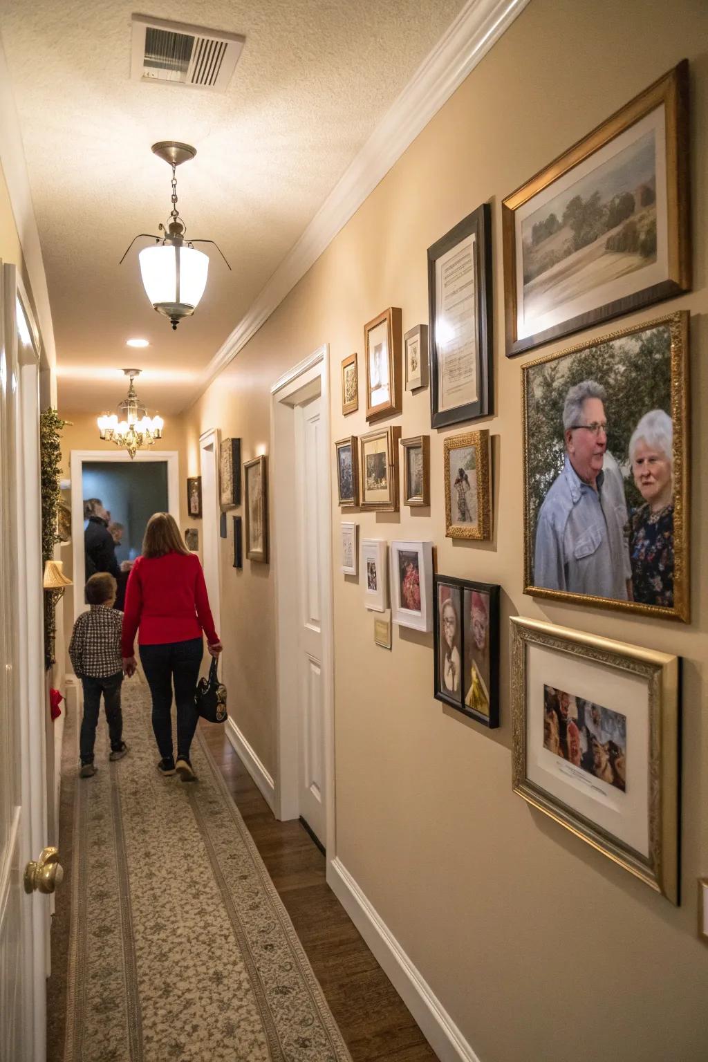 A gallery wall of personal portraits brings warmth and personality.