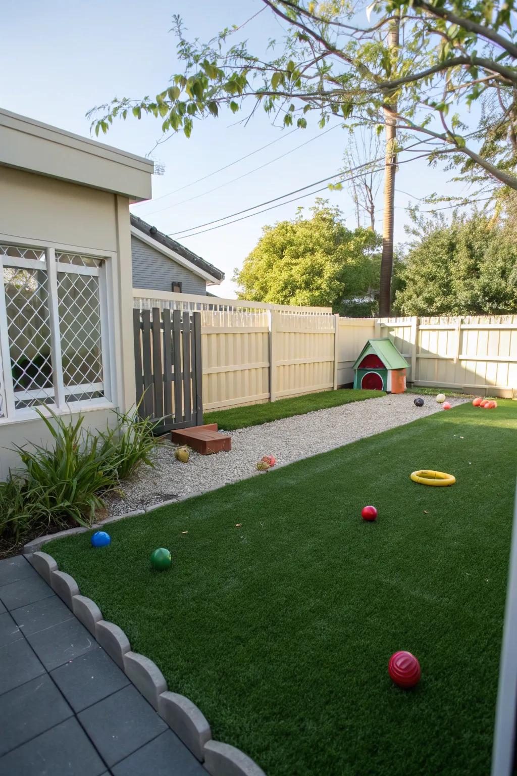 A cozy mini dog park featuring lush imitation turf.