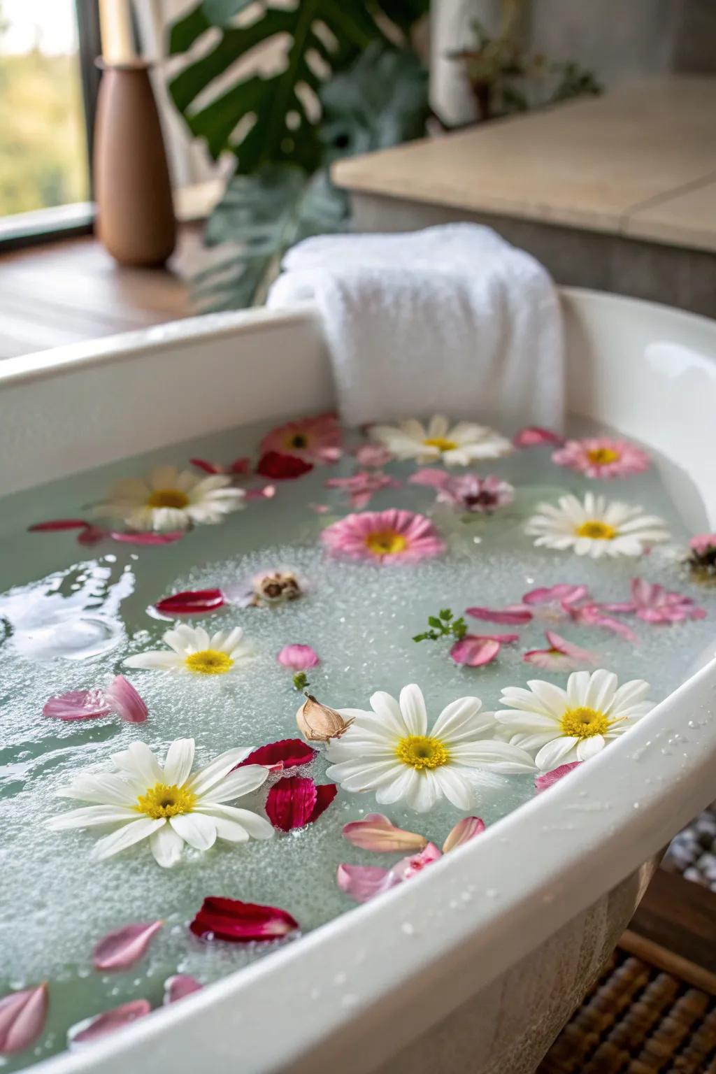 A soothing bath with bath salts is perfect for unwinding.