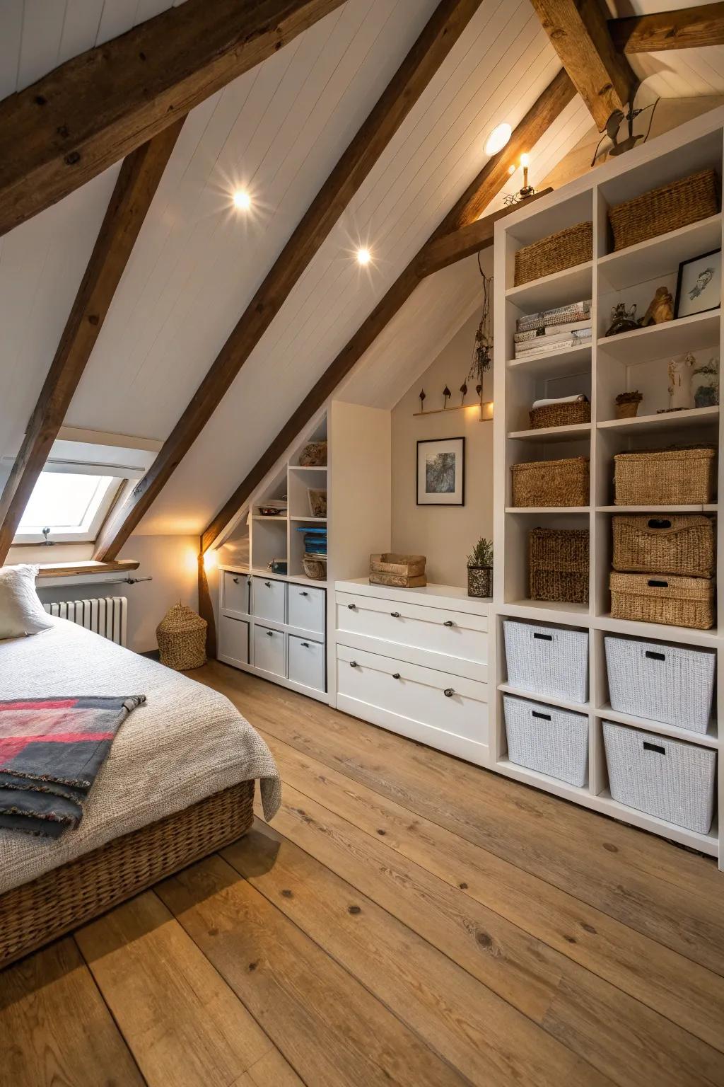 Fitted storage amplifies usefulness in your attic bedroom.