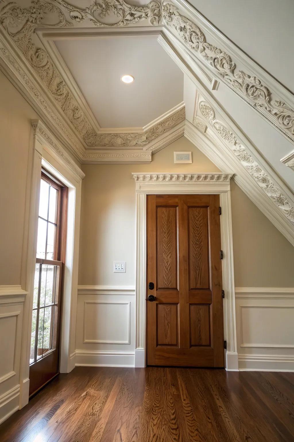 Top trim enhances attic doors with splendor.