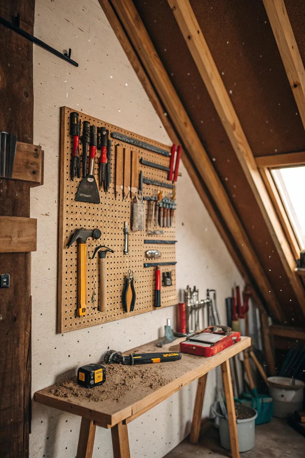 Pegboards facilitate uncomplicated access to implements and accessories.