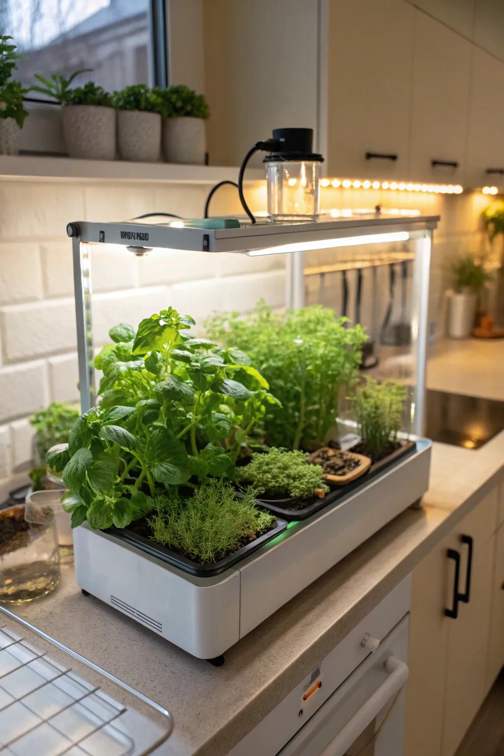 A small greenhouse with integrated plant lights, ideal for growing herbs.
