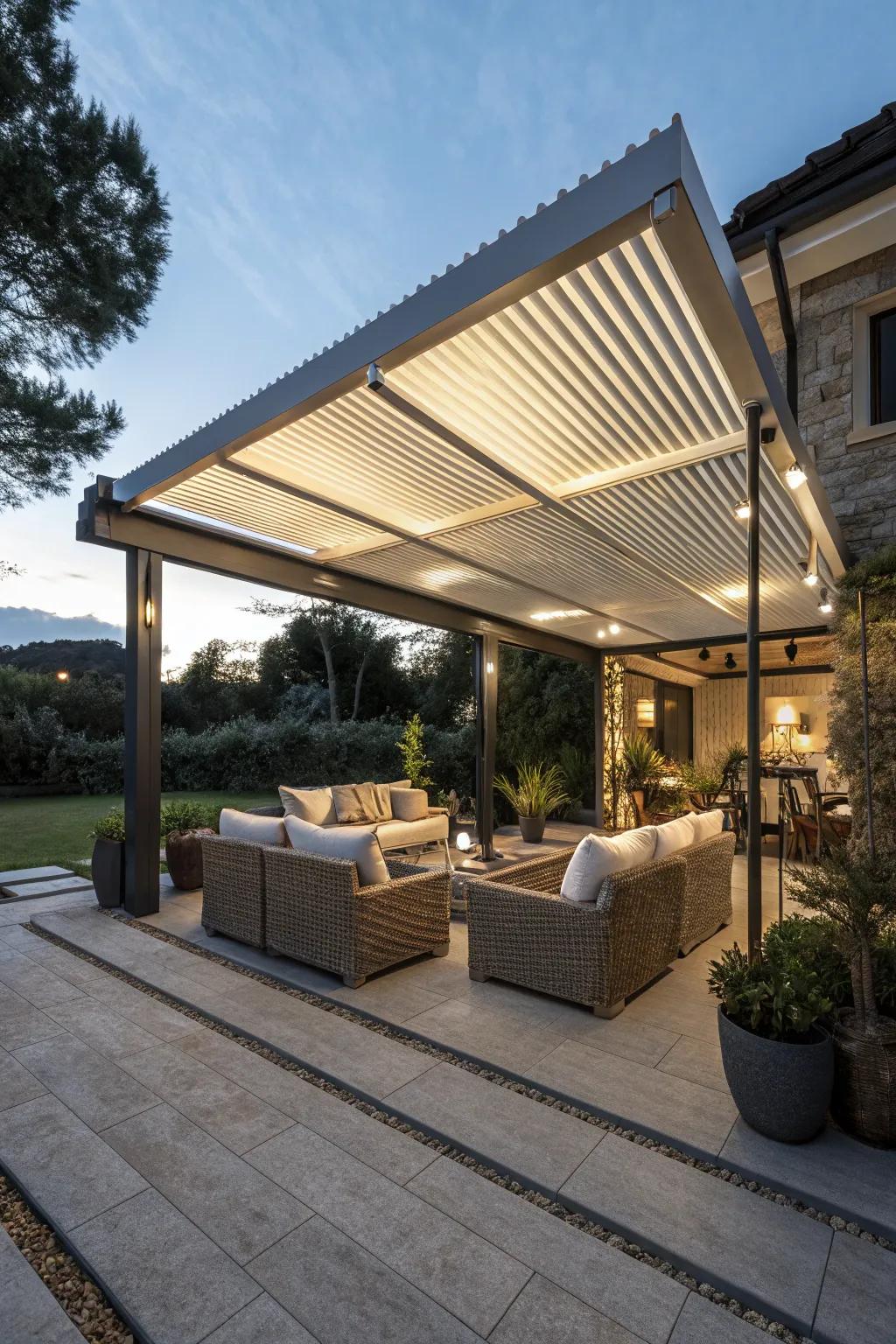 Manage your patio's setting with a slatted roof.