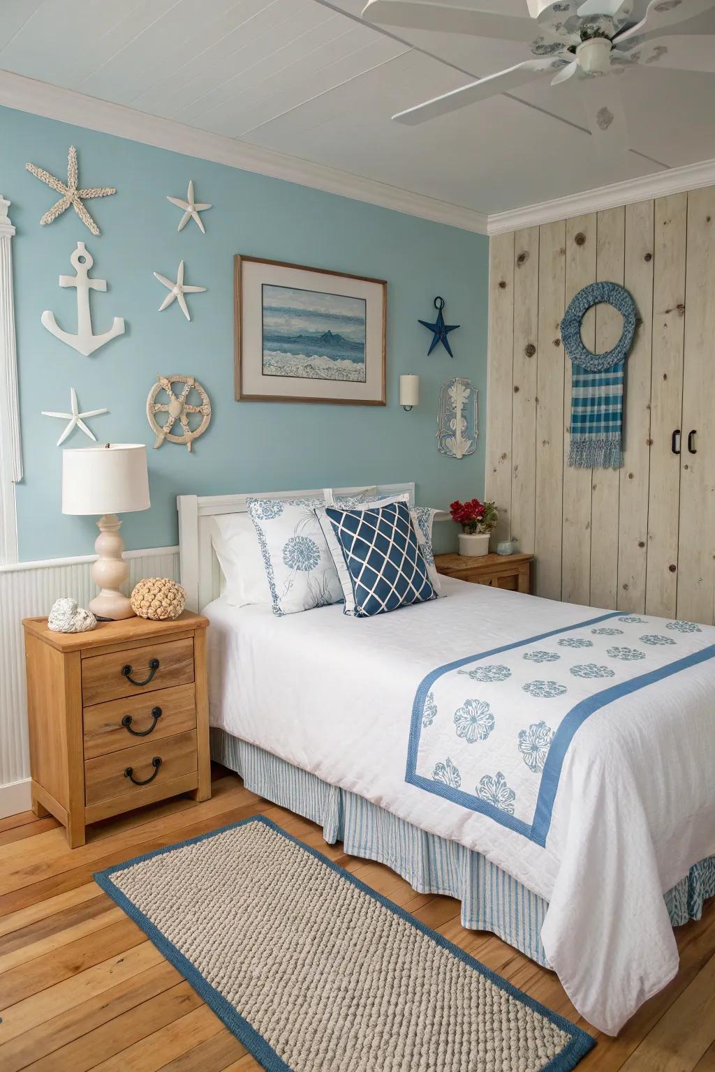 A coastal-inspired bedroom that pulls the calmness of the ocean inside.