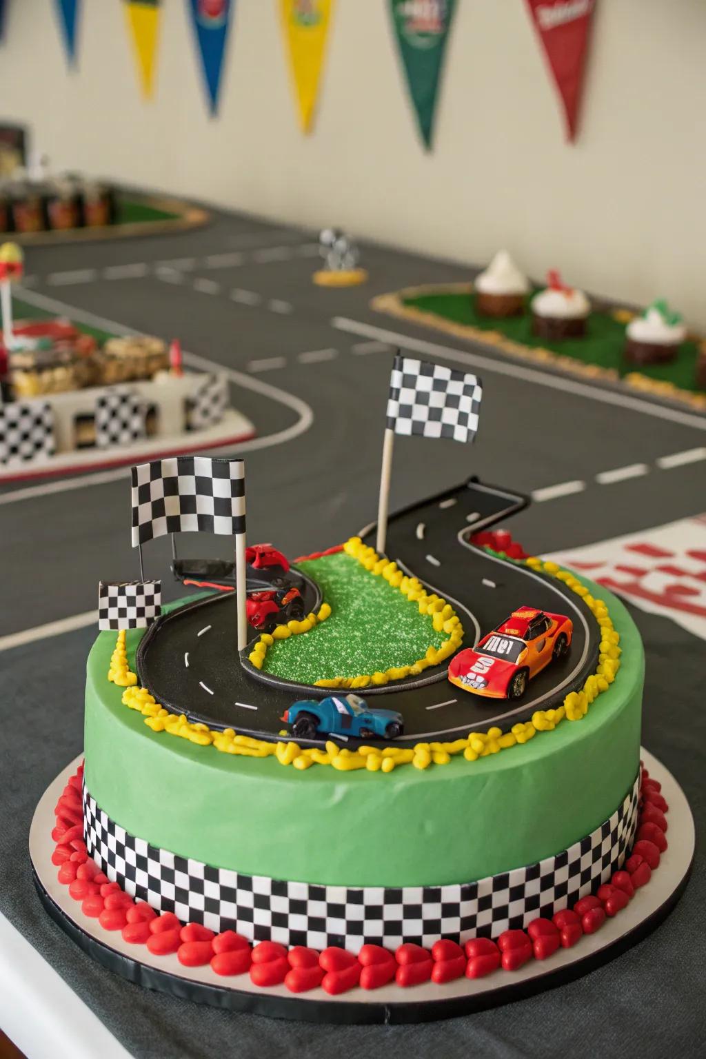 A vibrant race car-themed cake ideal for young car lovers.