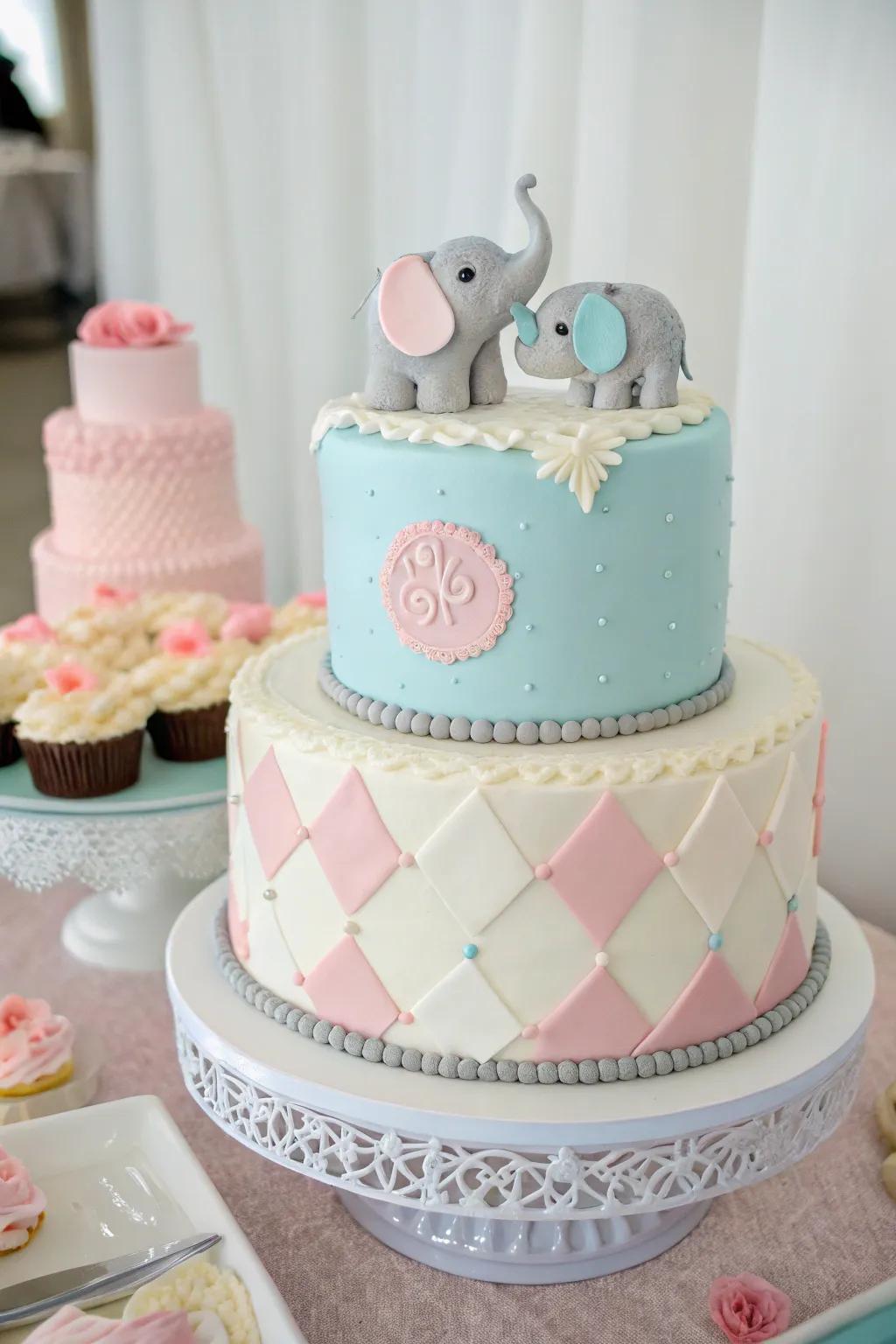 A whimsical cake featuring lovely elephants, perfect for a baby boy gathering.
