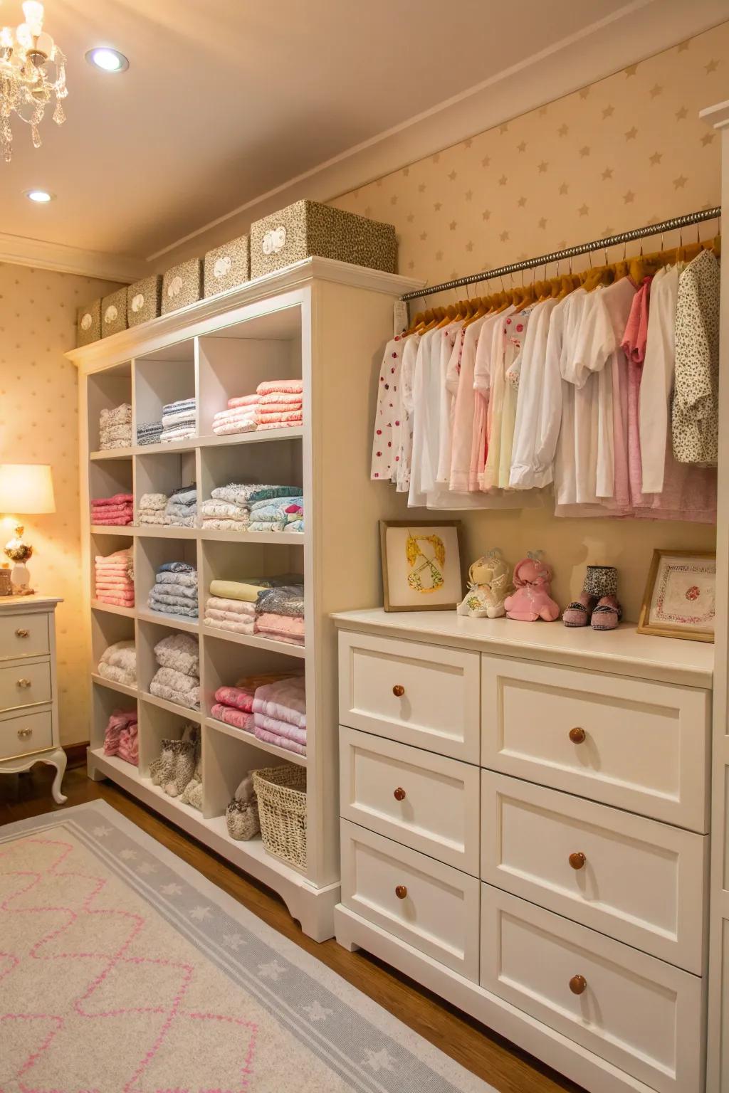 Open shelving units combine the best of storage with a bit of nursery decor.