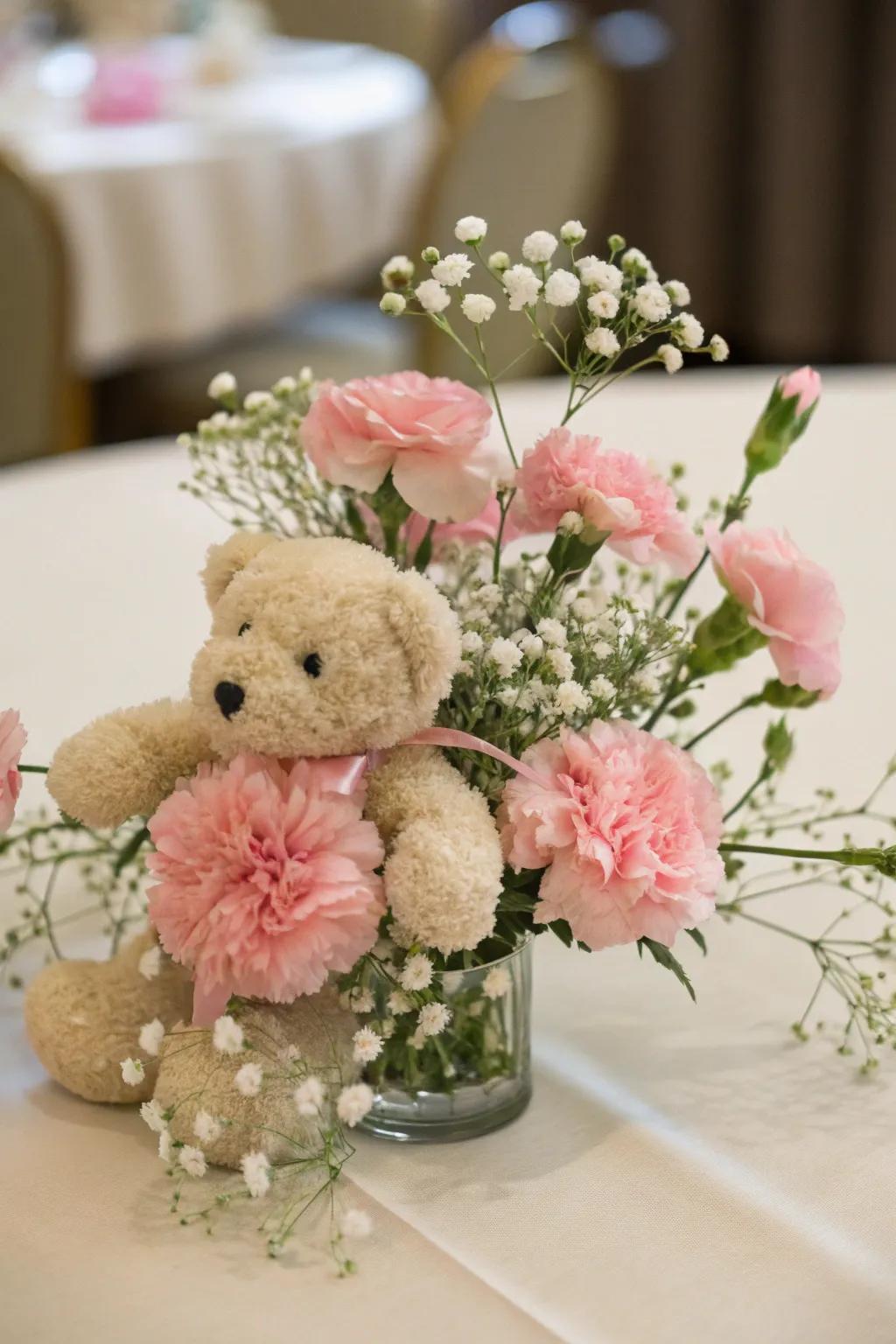 Adorable teddy bear centerpiece featuring delicate floral accents.