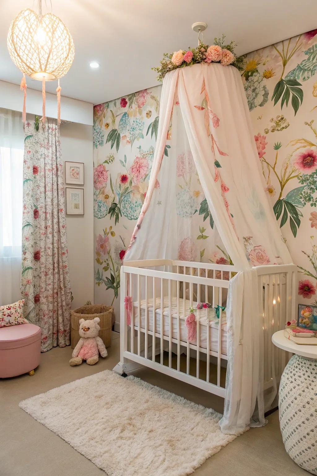 A dreamy drape creates a whimsical feel above the crib.