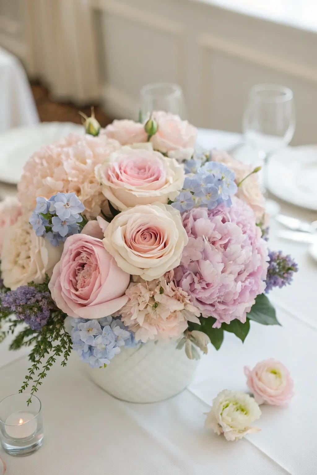 A manor garden-inspired centerpiece featuring roses and peonies
