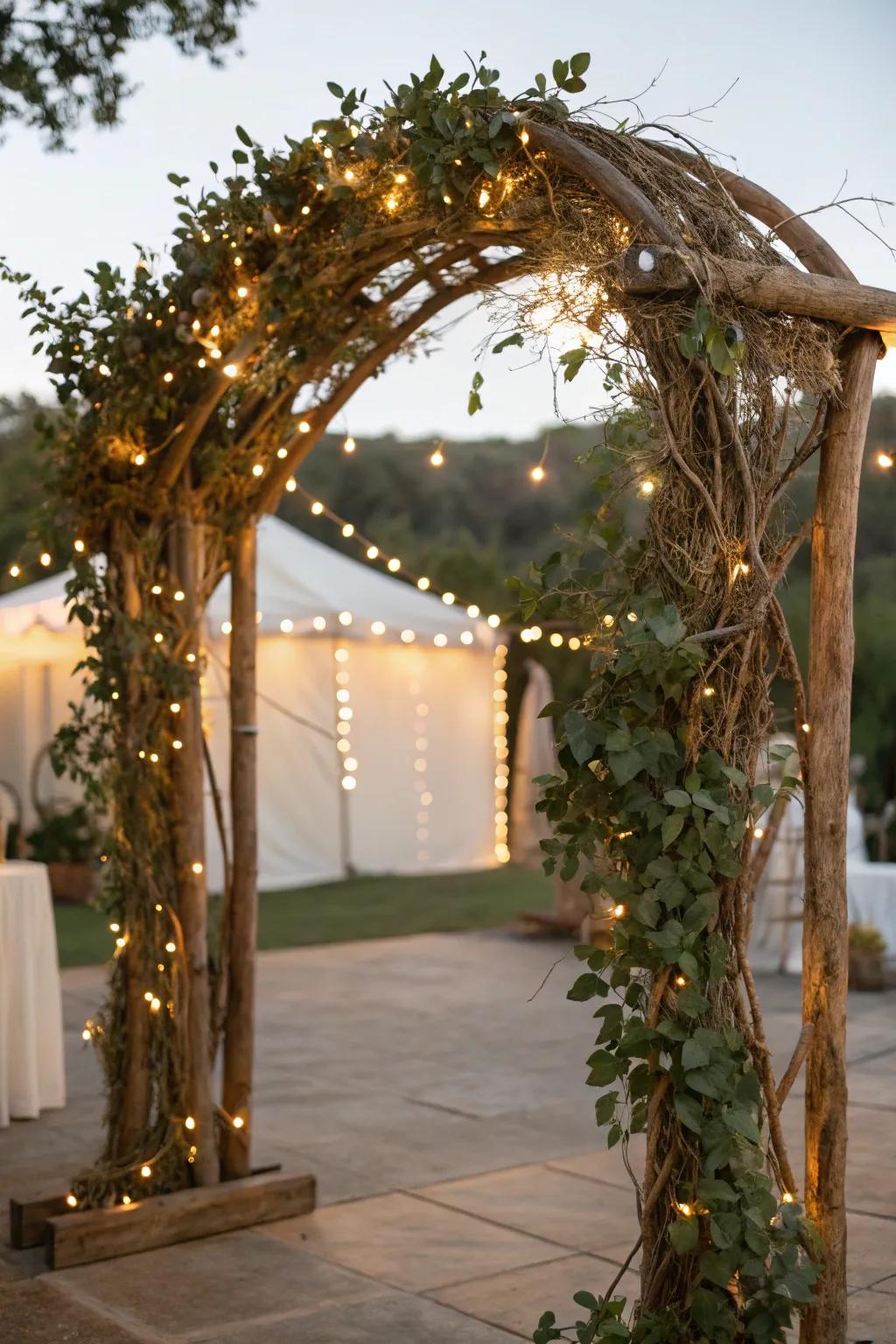 A rustic arch merging branches and greenery for an earthy sensation.