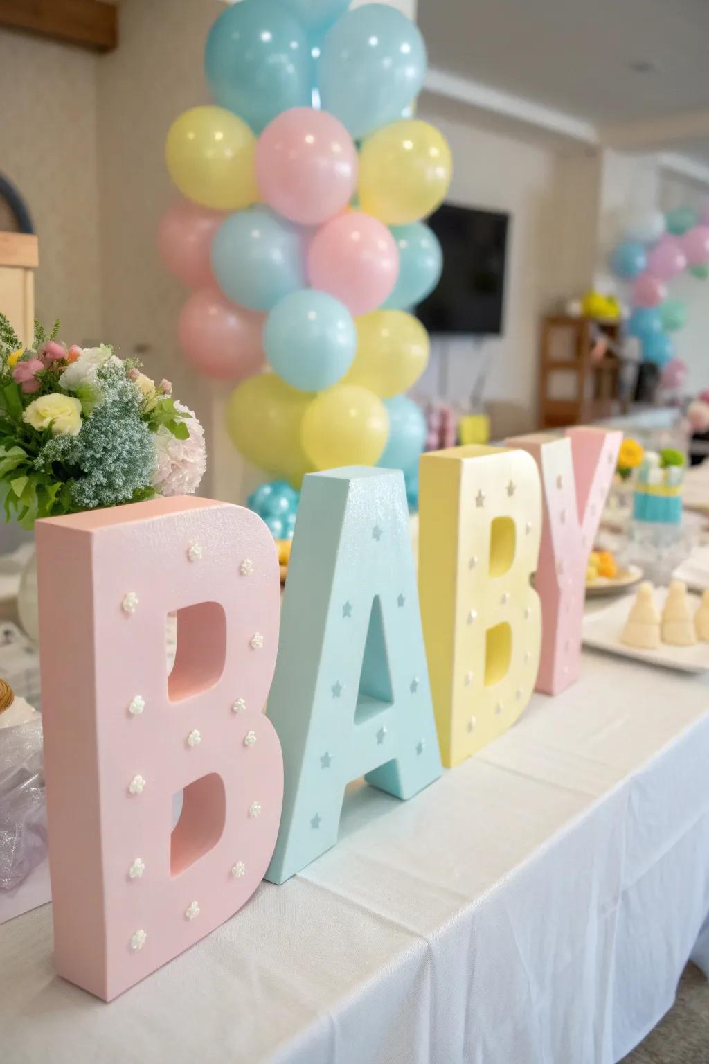 Oversized gentle-toned baby cube letters add a playful accent to the baby shower d&eacute;cor.
