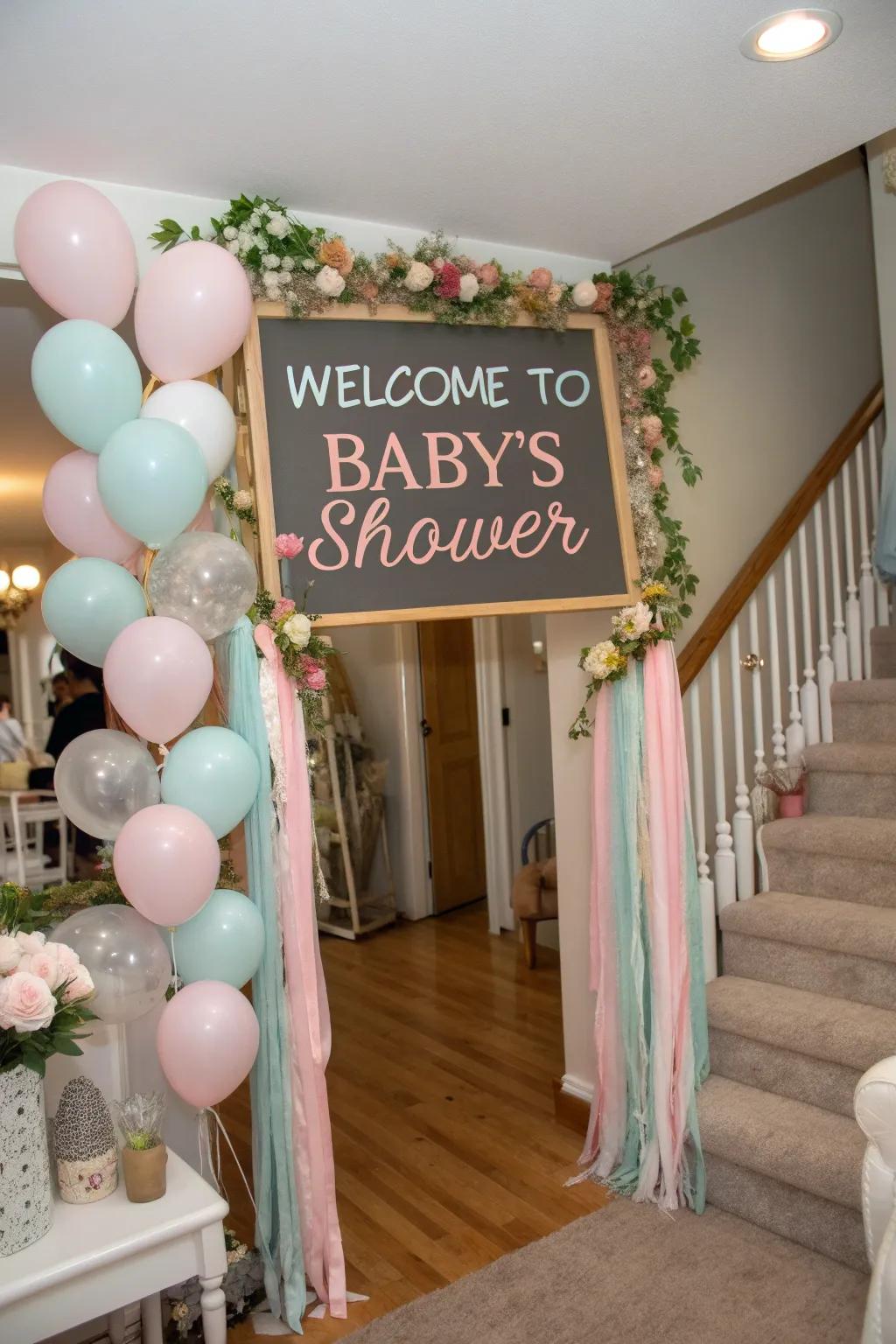 A coordinated theme weaves all elements of the baby shower together, starting at the entrance.