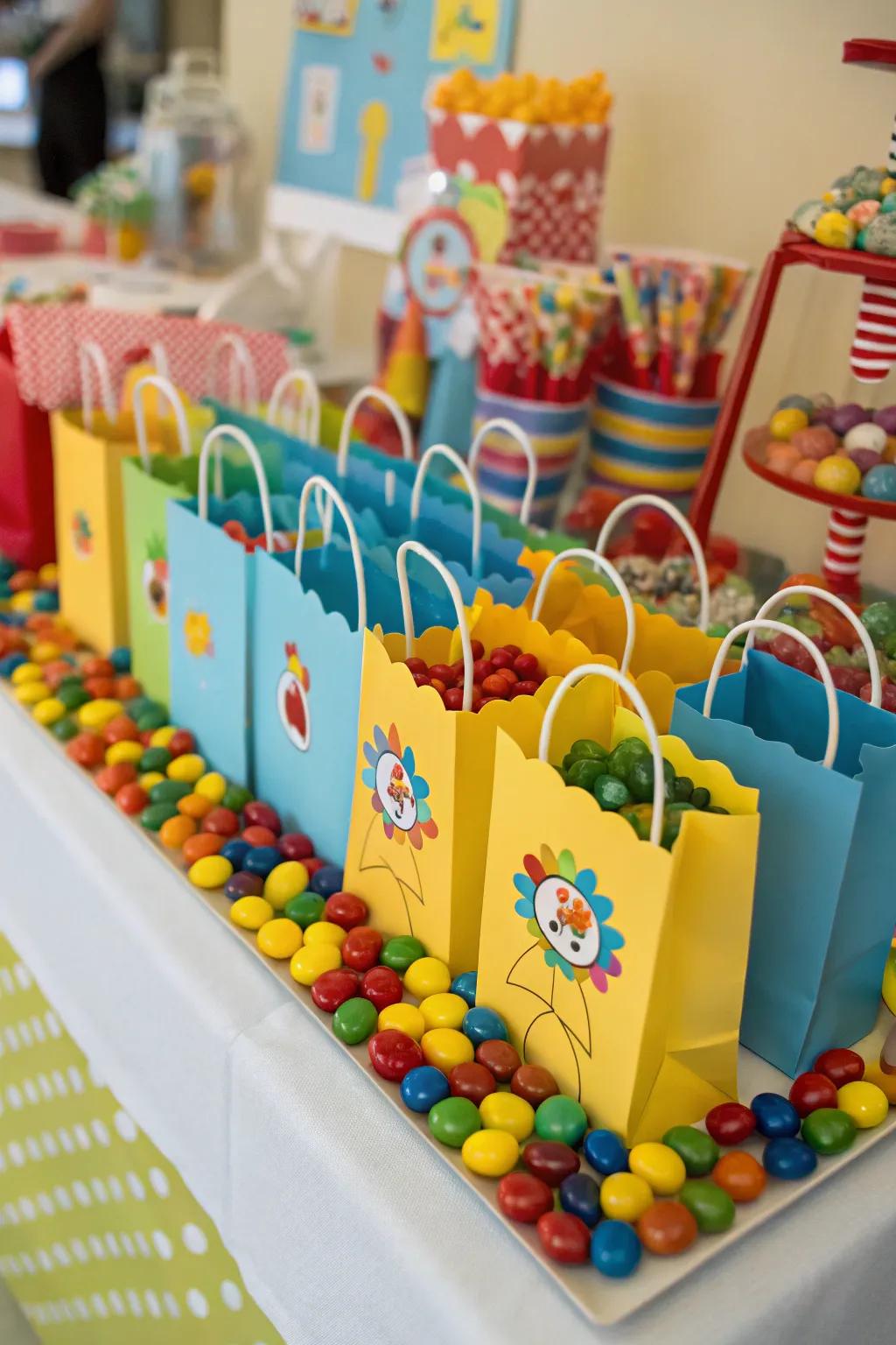 Vibrant treat bags filled with confectionery are always a crowd-pleaser.