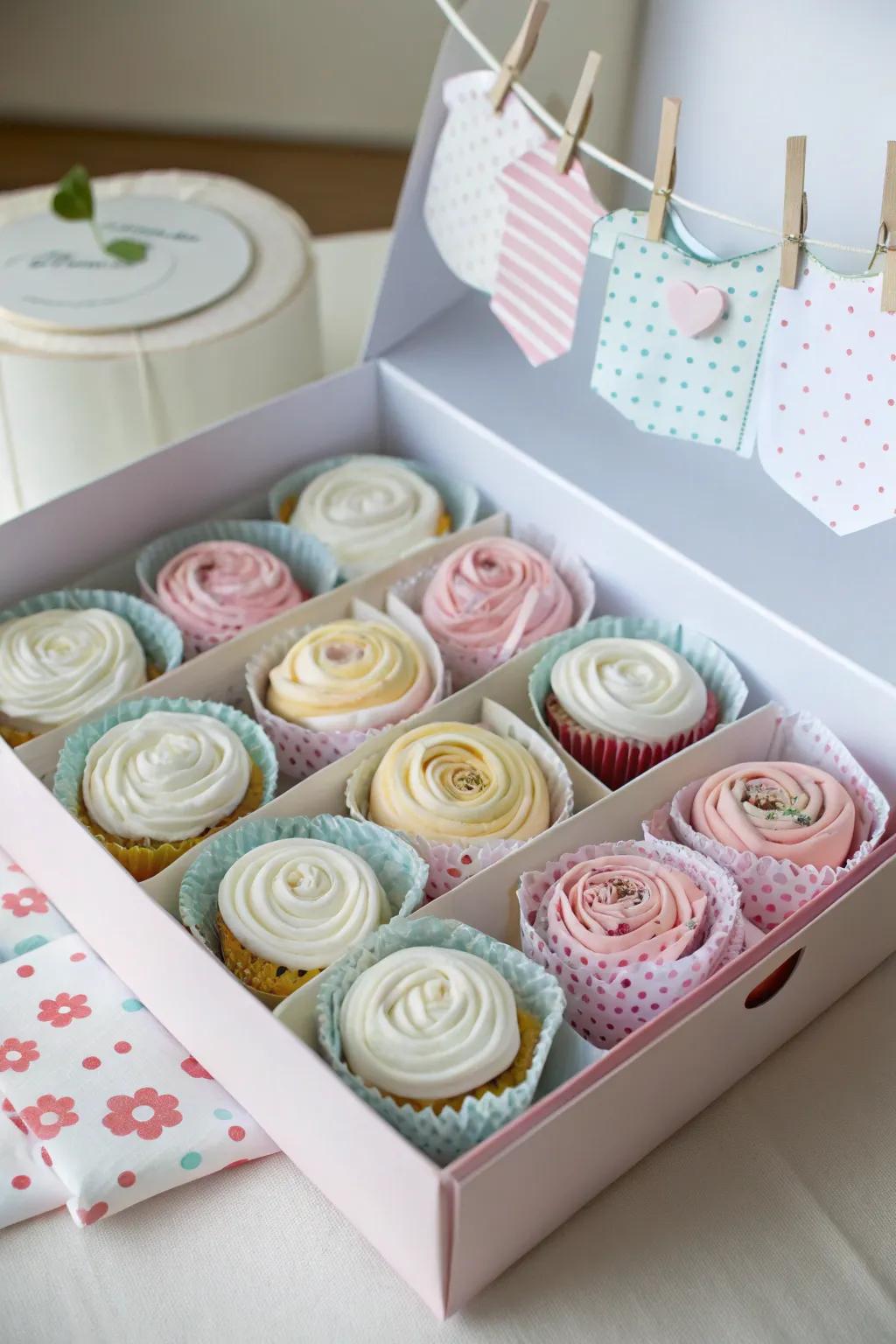 Bodysuits styled as cupcakes in a bakery box, offering a delightful and inventive gift.