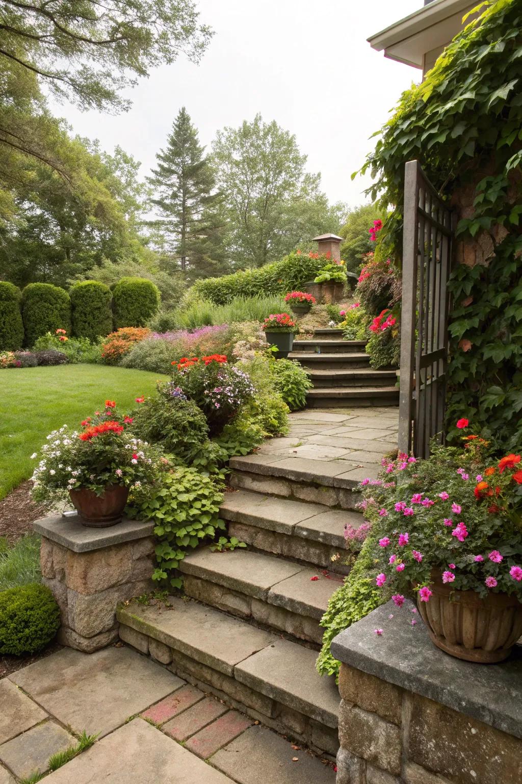 Graded steps with flower beds bring greenery right to your doorstep.